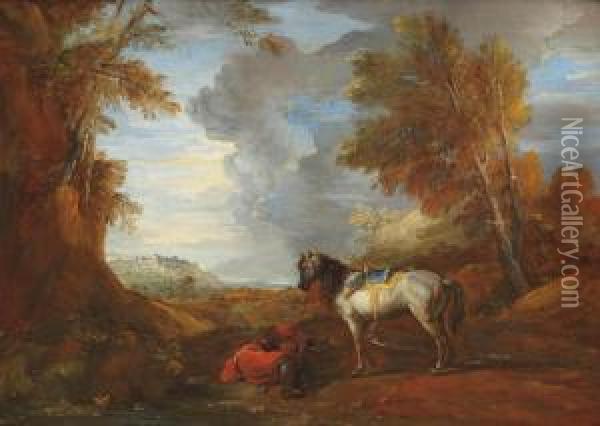 A Rider Resting Near His Horse In A Hilly Landscape Oil Painting - Charles Parrocel