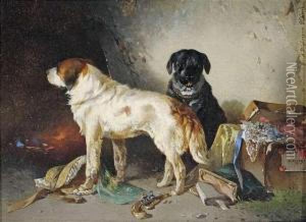 Two Dogs Playing With Clothes Oil Painting - Carl Pischinger
