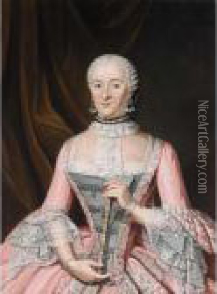 A Portrait Of A Lady, Standing Half Length By A Curtain, Wearing An Embroidered Pink Satin Dress With Grey Bodice, Lace Cuffs And Collar With Pearl Necklace And Earrings, Holding A Fan Oil Painting - Tibout Regters