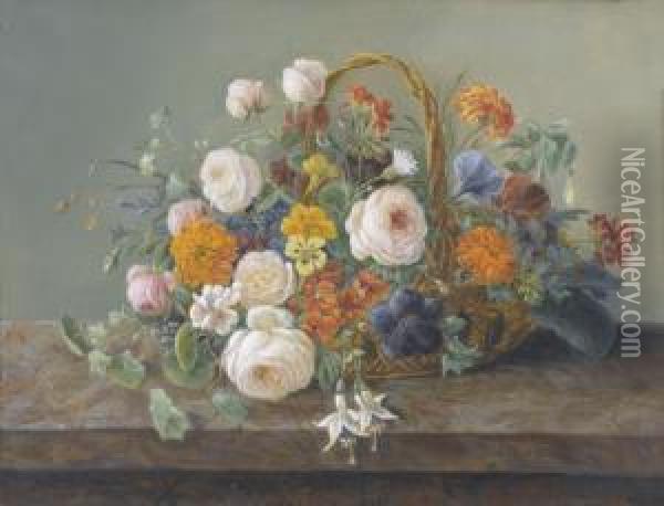 Stillleben Mit Blumen In Einem Korb Oil Painting - Anna Emilia Reinhart