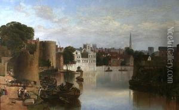 View Of The Ruins Of The Water Tower, Theriver Frontage Of The Guildhall And The Lantern Tower Of The Churchof St. Helens, From The River Ouse, York Oil Painting - William Richardson