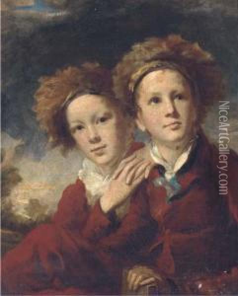 Double Portrait Of Two Boys, Seated Half-length, In Red Suits In Alandscape Oil Painting - Sir Henry Raeburn