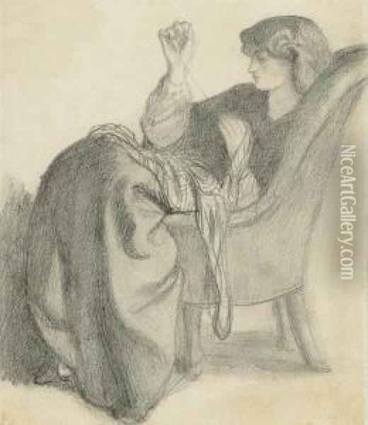 Lachesis: Study Of Jane Morris Seated In A Chair Sewing Pencil With Fixative Oil Painting - Dante Gabriel Rossetti