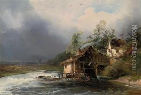 Figures At Work By A Watermill Oil Painting - Caspar Johann Nepomuk Scheuren