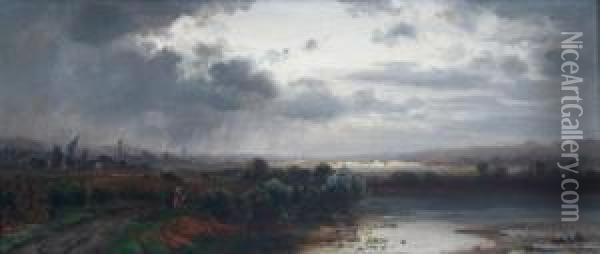 Weite Bayerische Landschaft Im Vordergrund Oil Painting - Josef Schoyerer