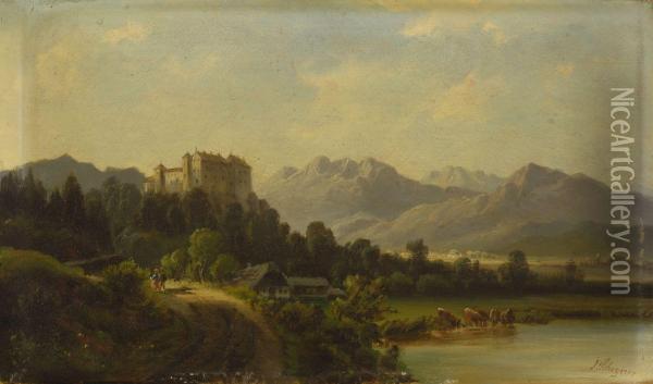 Blick Auf Schloss Hollenburg Oil Painting - Josef Schoyerer