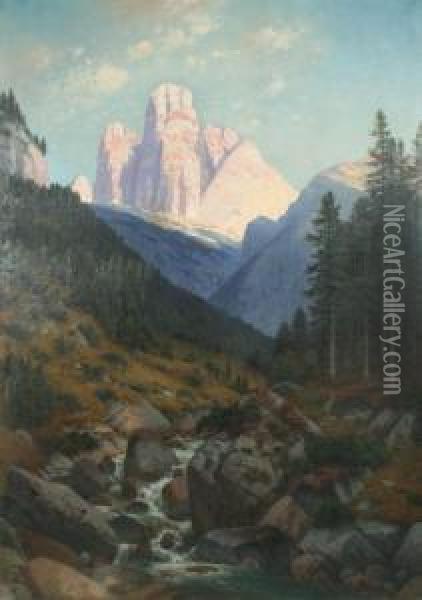 Tre Cime Di Lavaredo - Rienza, Dolomiti Oil Painting - Josef Schoyerer