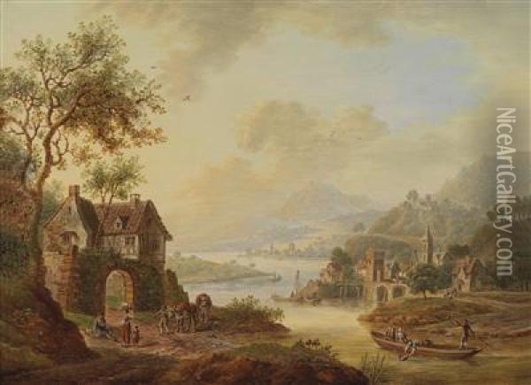 Rhine Landscape Oil Painting - Christian Georg Schuttz II