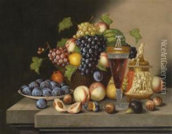 Stilllife With Basket Of Fruit And Wine Goblet Oil Painting - Georg Seitz