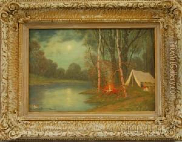 Campfire On The Lake Oil Painting - Gulbrand Sether