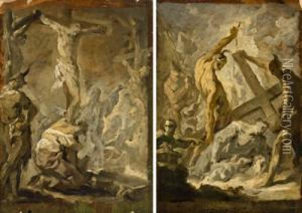 Cristo Cade Sotto Il Peso Della Croce; La Crocifissione Di Cristo; Pendant Oil Painting - Franz Sigrist