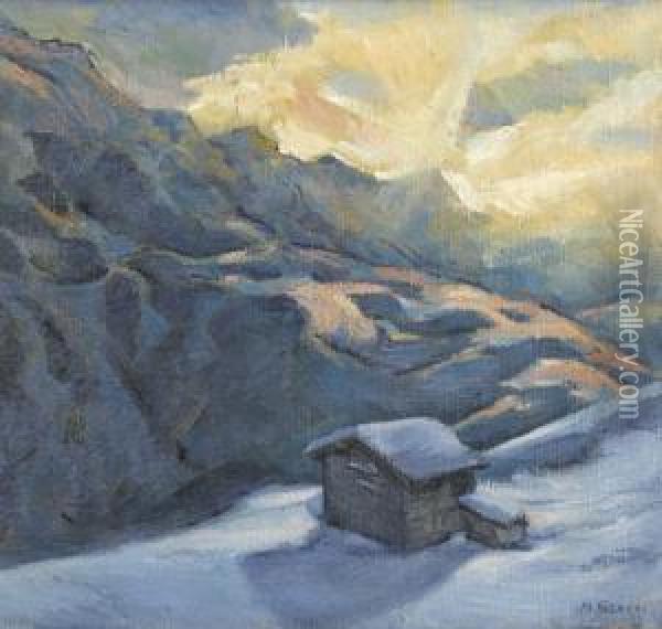 Winterliche Gebirgslandschaft Mit Alphutte. Oil Painting - Marcel, Marceli Slodki