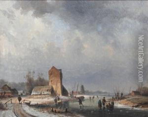 Skaters On A Frozen Canal Oil Painting - Louis Smets